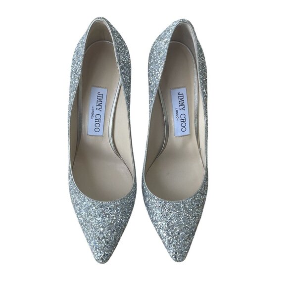 Jimmy Choo Romy 85 Silver Glitter Pointed Toe Pumps Womens Heels - Picture 1 of 9
